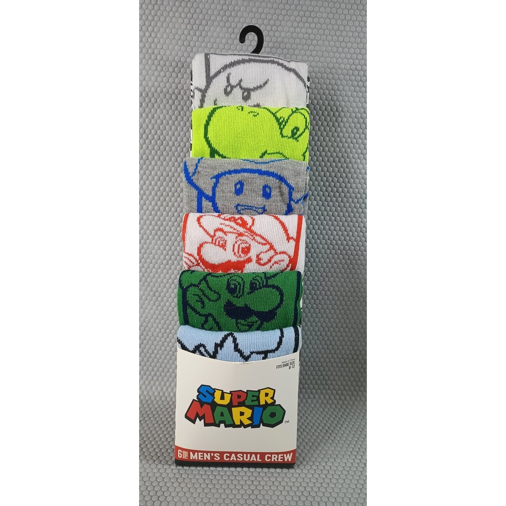 Super Mario Mens Crew Socks 6 Pair Pack Mario Luigi Yoshi ToadSize 8-12 NEW